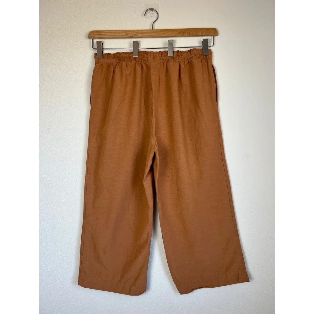 H&M Linen Blend Wide Leg Crop Pants XL Rust Brown Pull On Elastic Waist Coastal‎